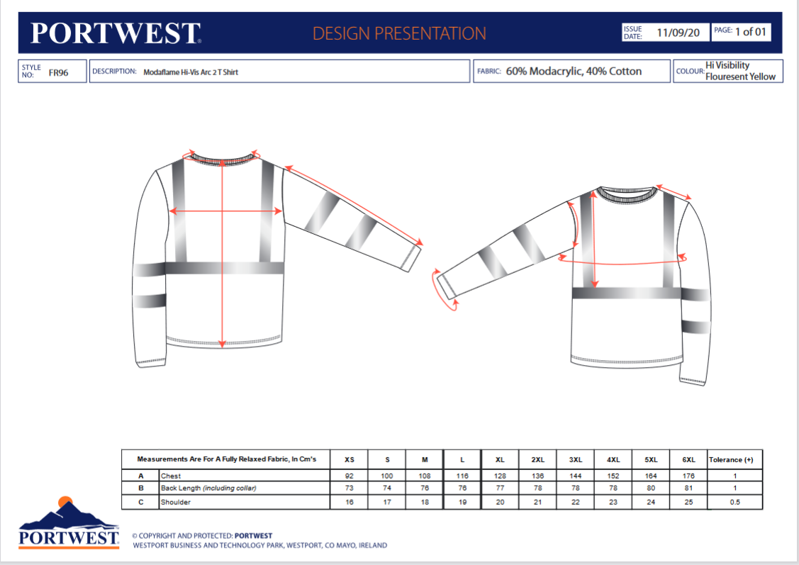 FR96 Portwest® Modaflame® FR/AR Hi-Vis Crew Neck Shirts - size guide